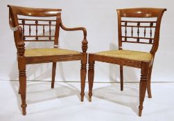 Set of four modern cane seated hardwood chairs, turned reeded supports to peg feet (4)