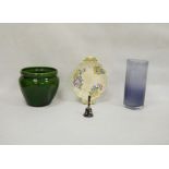 Green glazed stoneware jardiniere, a Ridgways floral decorated dish, a lavender cylindrical glass