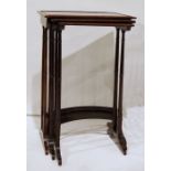 Victorian nest of three rosewood tables on turned end supports, curved stretchers Condition