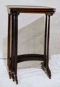 Victorian nest of three rosewood tables on turned end supports, curved stretchers Condition