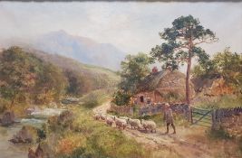 John Falconar (later 1857 - 1937) Oil on canvas Riverside landscape with cottage, sheep and