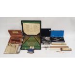 Army & Navy geometry set in black japanned metal case, sundry geometry instruments and rulers and an