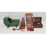 Old green painted doll's wooden rocking cradle, 31cm long, doll's wooden miniature Windsor armchair,