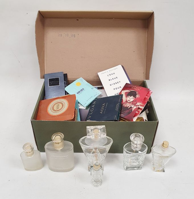 Alabaster vase-shaped table lamp and a quantity of sundry scent bottles etc in two boxes