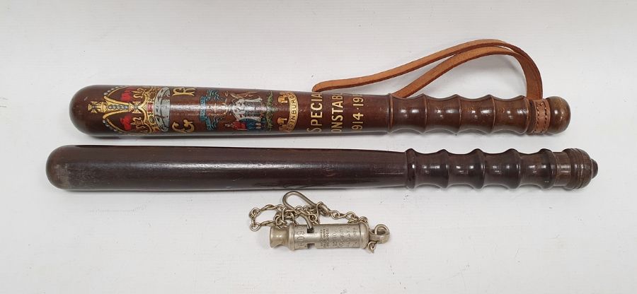 "The Metropolitan Patent" police whistle, No. 06094 and two various wooden truncheons (3)Condition