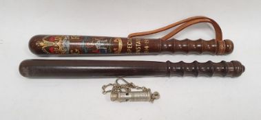 "The Metropolitan Patent" police whistle, No. 06094 and two various wooden truncheons (3)Condition