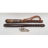 "The Metropolitan Patent" police whistle, No. 06094 and two various wooden truncheons (3)Condition