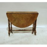 Early Victorian burr walnut gateleg table, the cross-banded top on baluster turned end supports,