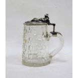 19th century cut glass tankard with silver coloured metal hinged lid, the thumbpiece in the form