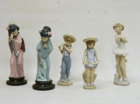 Four Lladro figures and a Nao figure, 20th century, printed marks, comprising two figures of Chinese