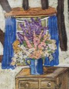 C Bull? Gouache drawing Still life, jug of flowers by a window, signed indistinctly, 36cm x 28cm