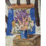 C Bull? Gouache drawing Still life, jug of flowers by a window, signed indistinctly, 36cm x 28cm