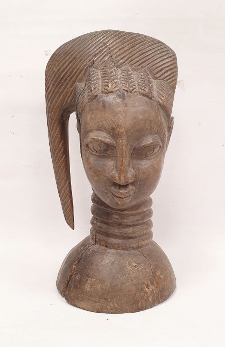 African Sierra Leone carved wooden head of woman in headdress, 42cm high