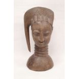 African Sierra Leone carved wooden head of woman in headdress, 42cm high