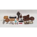 Two Mauchlineware miniature boxes, old pair of leather and metal soled child's clogs, perpetual