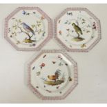 Three Meissen style plates, 19th century, spurious blue cross sword marks, painted in the Meissen