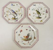 Three Meissen style plates, 19th century, spurious blue cross sword marks, painted in the Meissen