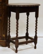 20th century oak circular seated stool, turned block supports, together with oak occasional table,