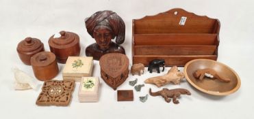 Eastern carved hardwood head of a girl, Indian carved wood box and cover, stationery racks, sundry