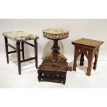 Circular piano stool, turned carved pedestal, three ogee carved legs, three further stools and a
