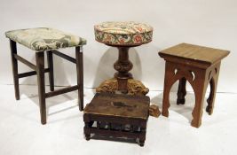 Circular piano stool, turned carved pedestal, three ogee carved legs, three further stools and a