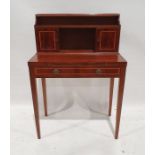 20th century mahogany and satinwood banded bonheur de jour, the interior of the drawer stamped 'MJ