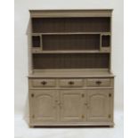 20th century grey painted dresser, moulded cornice with shelves and two spice drawers, the base with