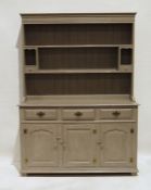 20th century grey painted dresser, moulded cornice with shelves and two spice drawers, the base with