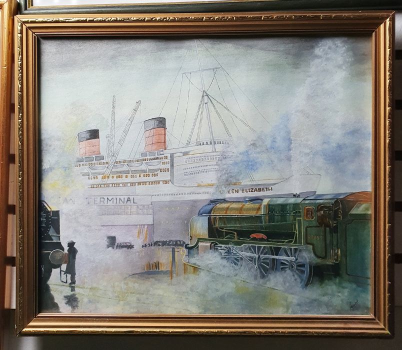 P Ridyard  Watercolour Southampton Docks ocean terminal, indistinctly signed lower right, labelled - Bild 2 aus 3