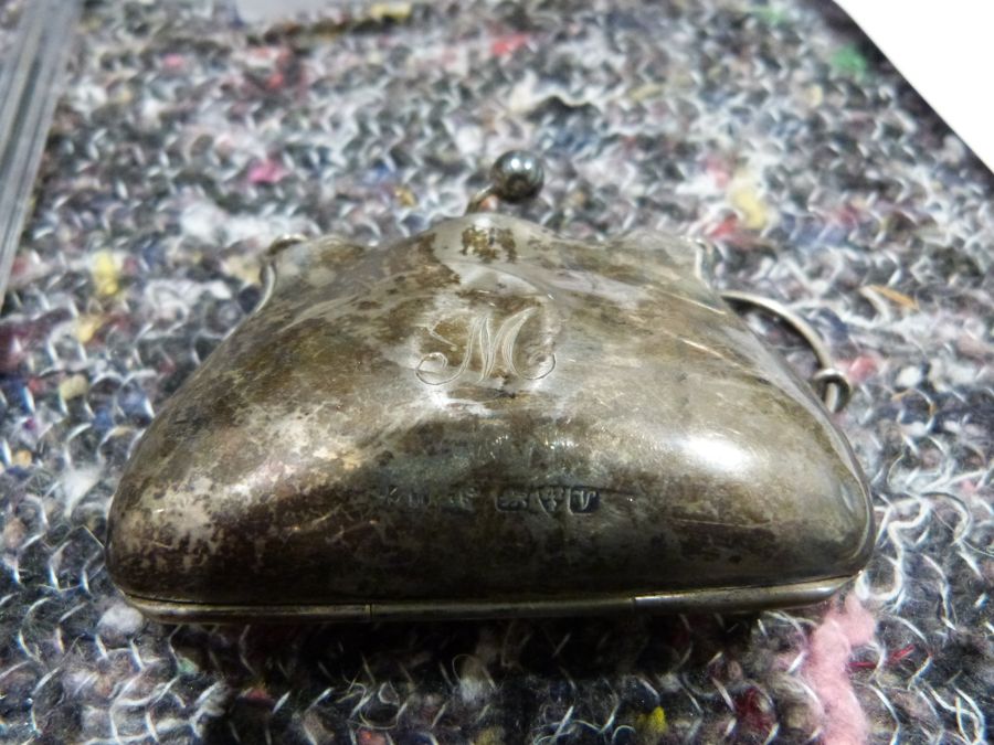 Small silver purse, Chester 1921 on pendant chain, Victorian silver mounted glass scent bottle, - Image 5 of 6