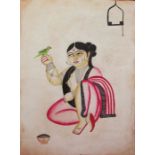 Kalighat school, possibly circa 1920's  Watercolour Figure with a parrot, 47 x 37 cm