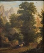 19th century school Oil on canvas Cattle with drover on waterside forest path, 51cm x 42cm (with