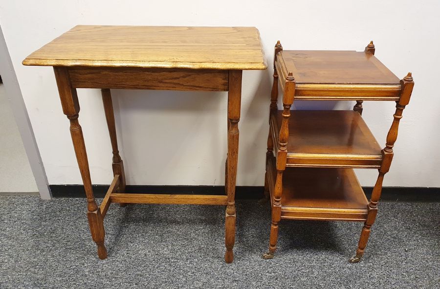 20th century oak side table, rectangular top, moulded edge, turned block supports, stretchered