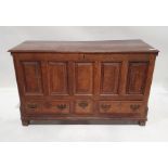 Possibly 18th century George III oak mule chest, the rectangular top with moulded edge above five