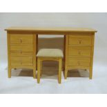 20th century light wood kneehole dressing table (136x44x77cm) and stool, together with a pair of
