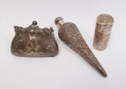 Small silver purse, Chester 1921 on pendant chain, Victorian silver mounted glass scent bottle,