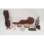 Oceanic hardwood carving of seated figure, Rotorua carved wood waitiki, sundry hardstone boxes and