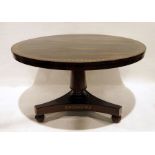 19th century rosewood breakfast table, the circular top with brass inlay, on circular column to