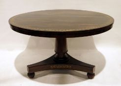 19th century rosewood breakfast table, the circular top with brass inlay, on circular column to