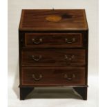 20th century mahogany and satinwood banded and shell inlaid bureau, with three drawers, on bracket