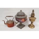 Antique copper samovar with brass mounts, old copper kettle and a brass oil lamp (3)
