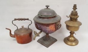 Antique copper samovar with brass mounts, old copper kettle and a brass oil lamp (3)