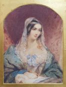 19th century school Watercolour Half-length portrait, figure in blue dress, indistinctly