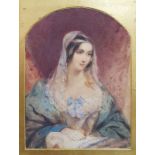 19th century school Watercolour Half-length portrait, figure in blue dress, indistinctly