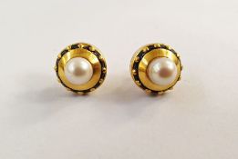 Pair gold-coloured, black enamel and pearl stud earrings