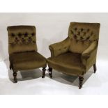 Two late Victorian chairs with button back, one with arms, on turned and carved front legs to