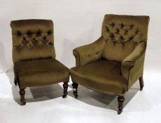 Two late Victorian chairs with button back, one with arms, on turned and carved front legs to