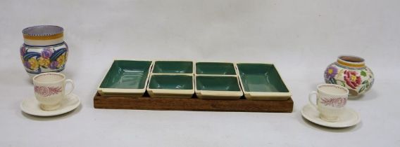 Susie Cooper part supper set  comprising six compartmentalised trays on a wooden tray, 45cm long and