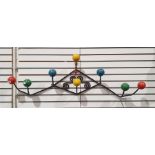 Vintage French wall hanging coat rack (believed to be Roger Feraud) with coloured sphere hooks on