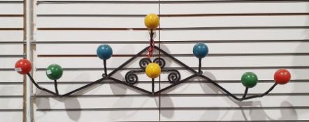 Vintage French wall hanging coat rack (believed to be Roger Feraud) with coloured sphere hooks on